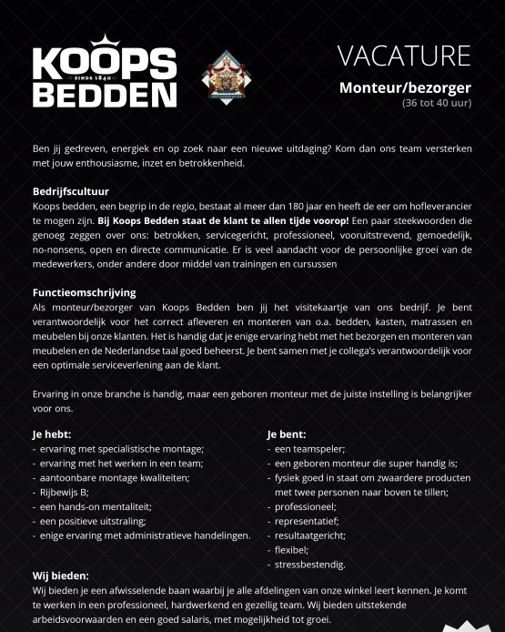 Monteur/bezorger gezocht